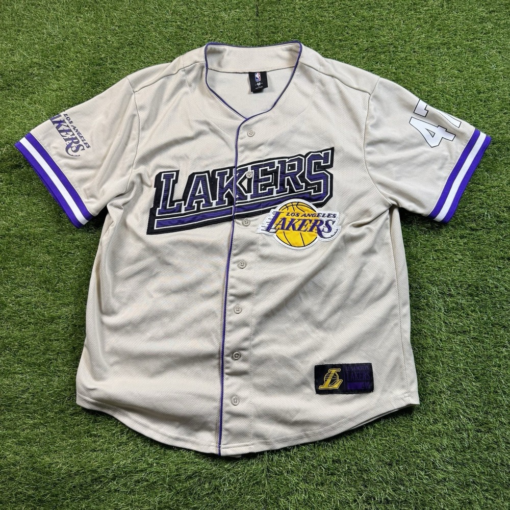 Los Angeles Lakers Baseball Jersey Mens Large Beige Embroidered NBA LeBron Luka